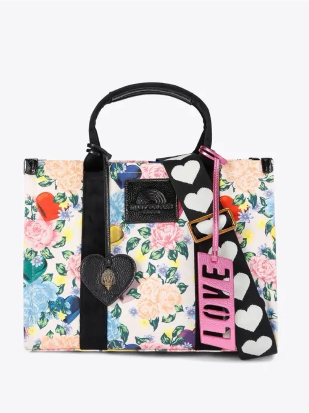 Kurt Geiger SouthBank Floral Canvas Tote with Black Handles and Pink LOVE Tag